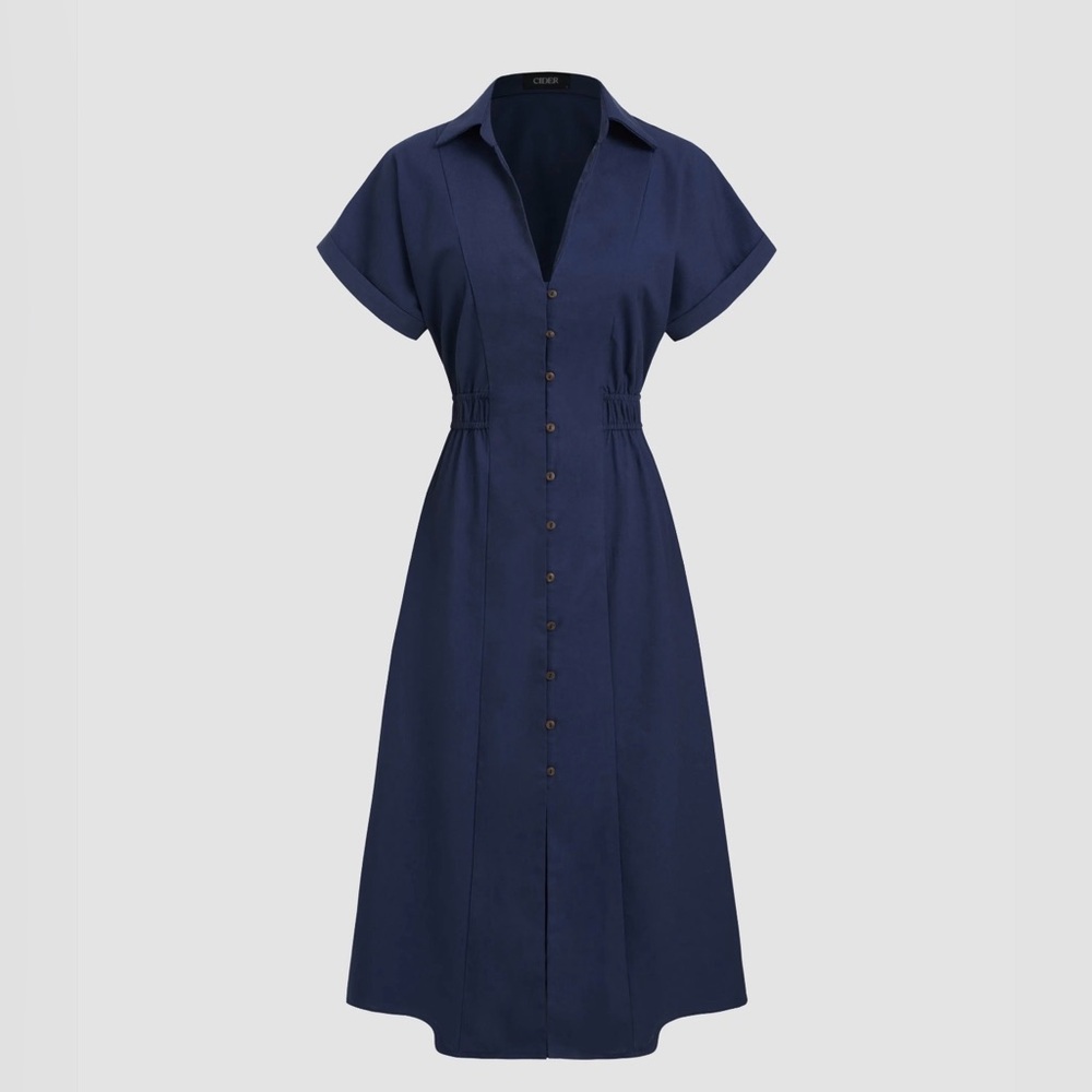 Cider LINEN-BLEND COLLAR SOLID SHIRRED BUTTON MIDI SHIRT DRESS M FE2-10 - Picture 2 of 13